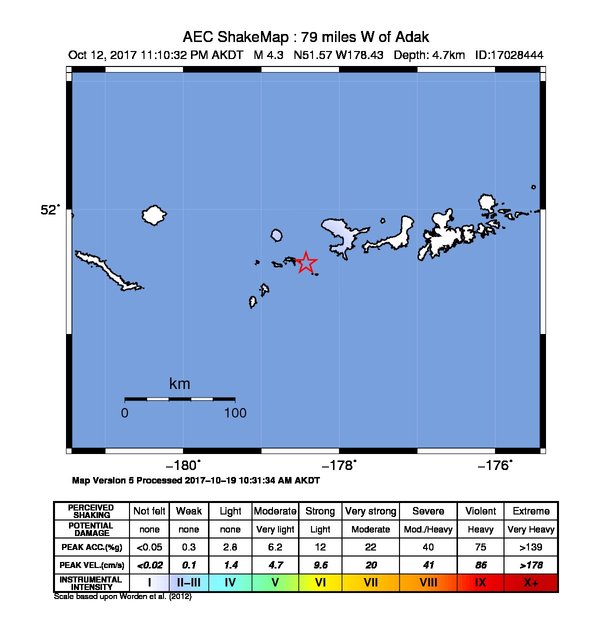 USGS ShakeMap: estimated shaking intensity around the epicenter