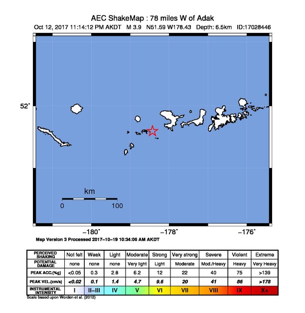 USGS ShakeMap: estimated shaking intensity around the epicenter