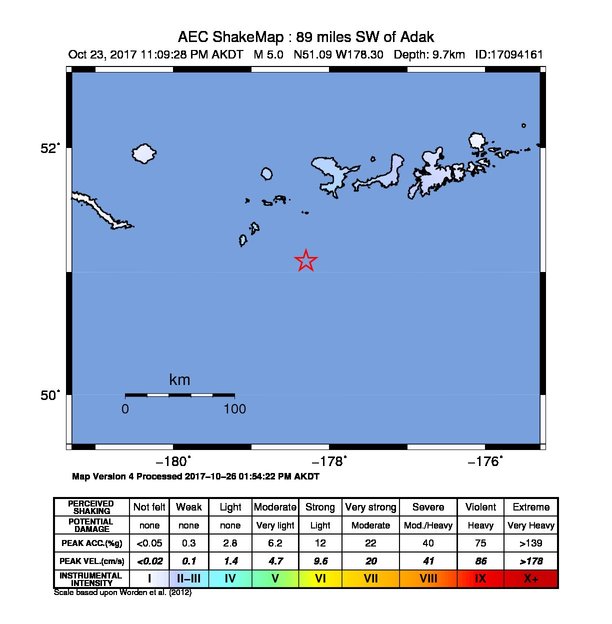 USGS ShakeMap: estimated shaking intensity around the epicenter