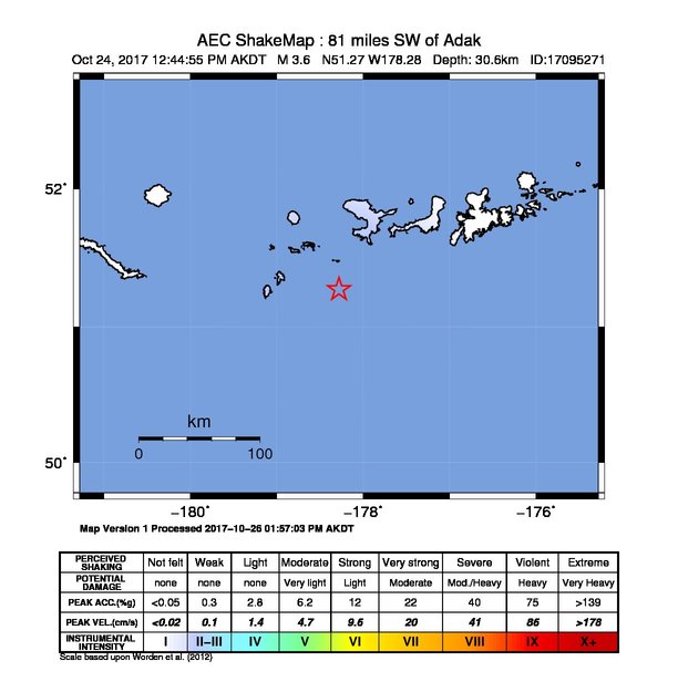 USGS ShakeMap: estimated shaking intensity around the epicenter