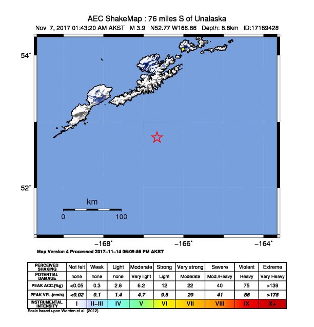USGS ShakeMap: estimated shaking intensity around the epicenter