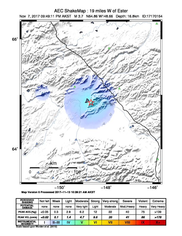 USGS ShakeMap: estimated shaking intensity around the epicenter
