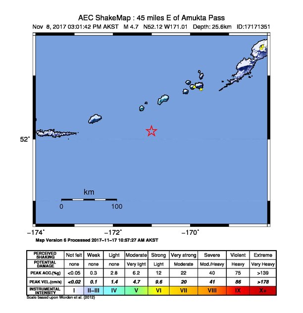 USGS ShakeMap: estimated shaking intensity around the epicenter