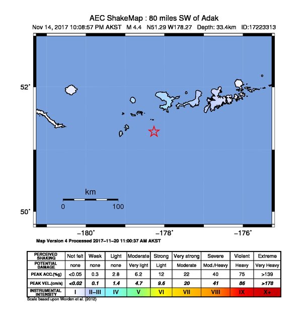 USGS ShakeMap: estimated shaking intensity around the epicenter