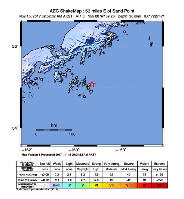 USGS ShakeMap: estimated shaking intensity around the epicenter
