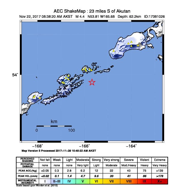 USGS ShakeMap: estimated shaking intensity around the epicenter