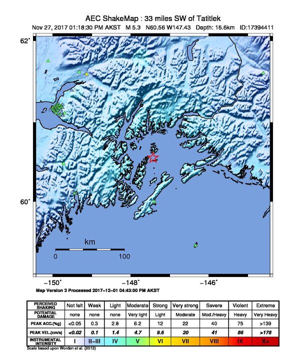 USGS ShakeMap: estimated shaking intensity around the epicenter