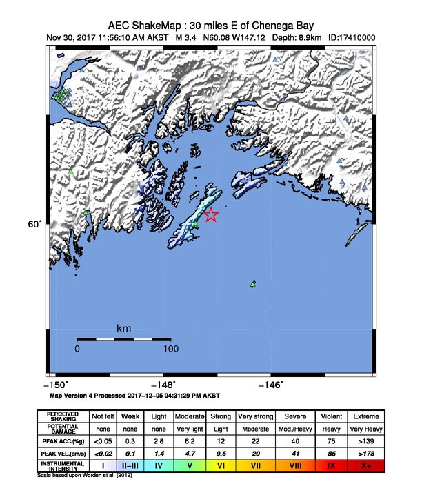 USGS ShakeMap: estimated shaking intensity around the epicenter