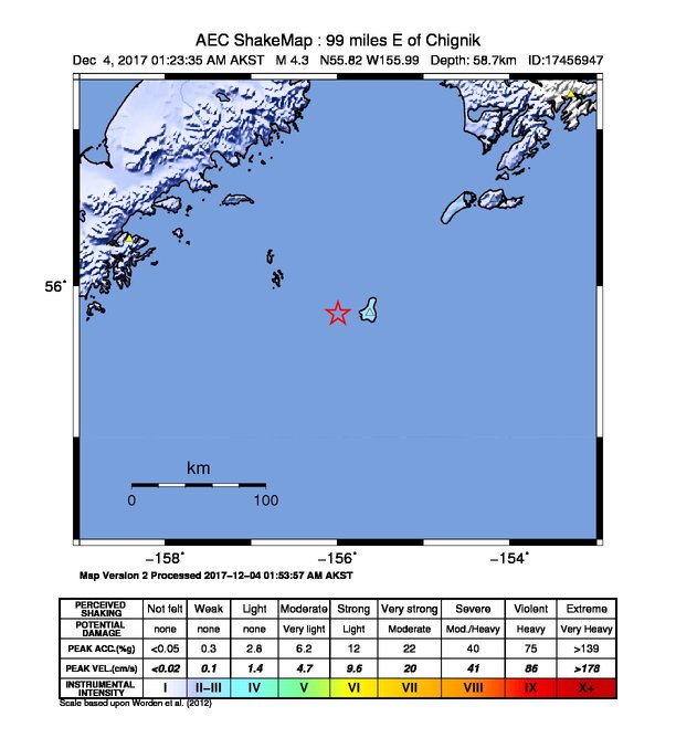 USGS ShakeMap: estimated shaking intensity around the epicenter