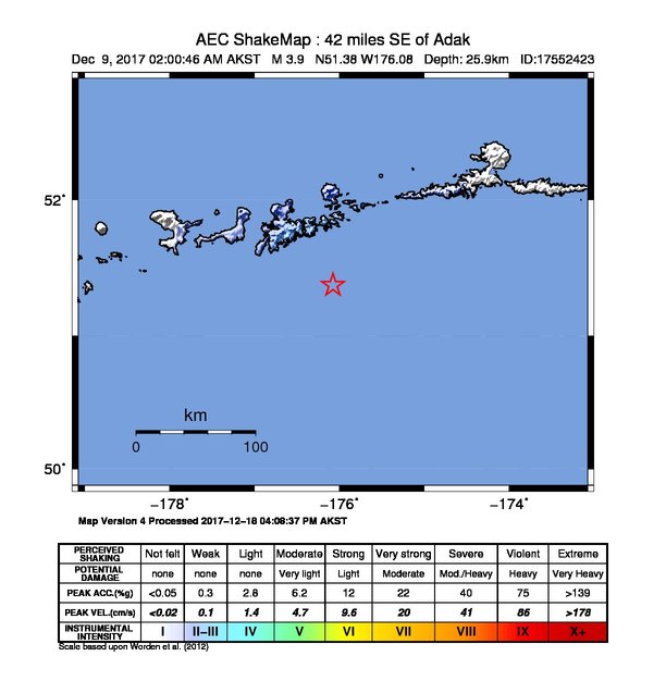 USGS ShakeMap: estimated shaking intensity around the epicenter