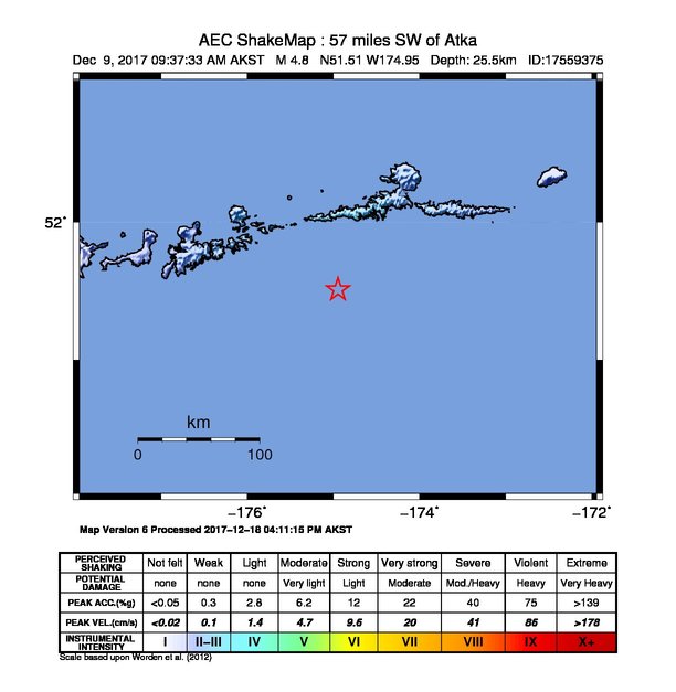 USGS ShakeMap: estimated shaking intensity around the epicenter