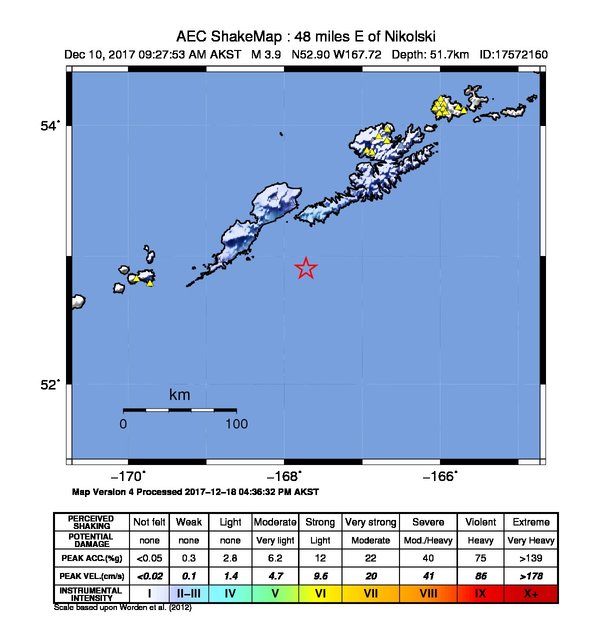 USGS ShakeMap: estimated shaking intensity around the epicenter