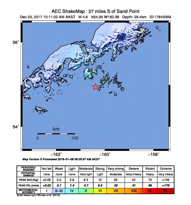 USGS ShakeMap: estimated shaking intensity around the epicenter