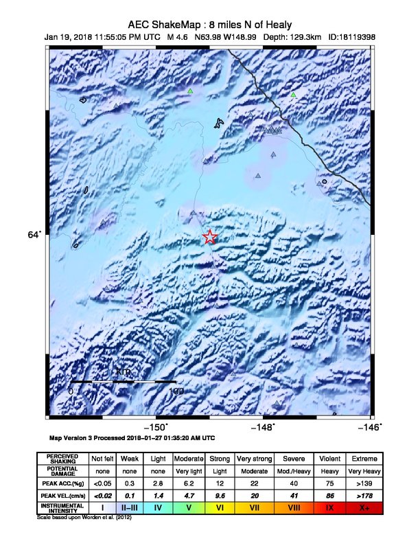 USGS ShakeMap: estimated shaking intensity around the epicenter