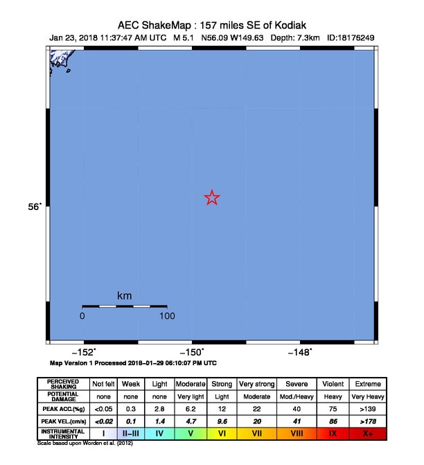 USGS ShakeMap: estimated shaking intensity around the epicenter