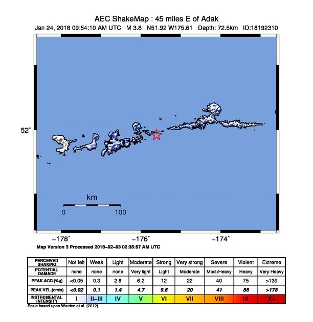 USGS ShakeMap: estimated shaking intensity around the epicenter