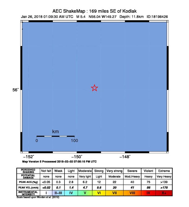 USGS ShakeMap: estimated shaking intensity around the epicenter