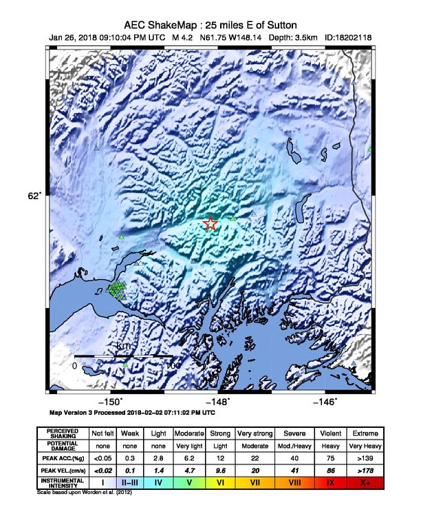 USGS ShakeMap: estimated shaking intensity around the epicenter