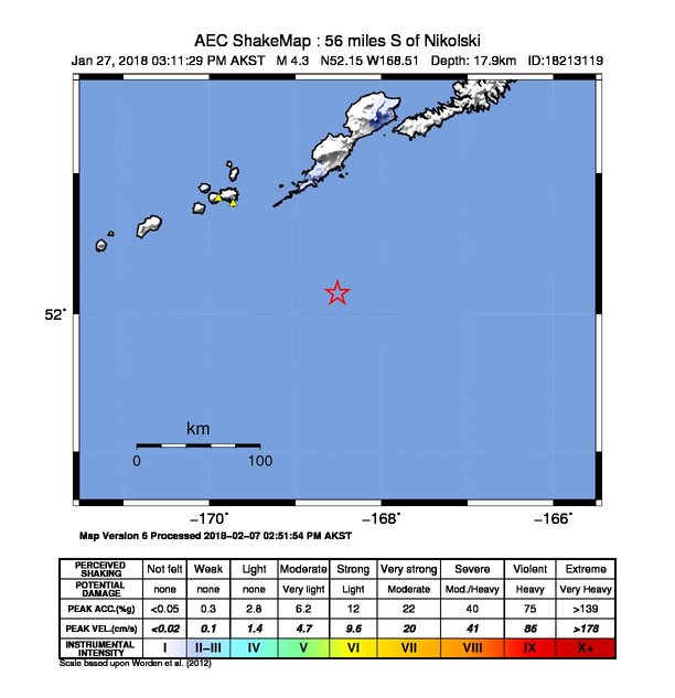 USGS ShakeMap: estimated shaking intensity around the epicenter