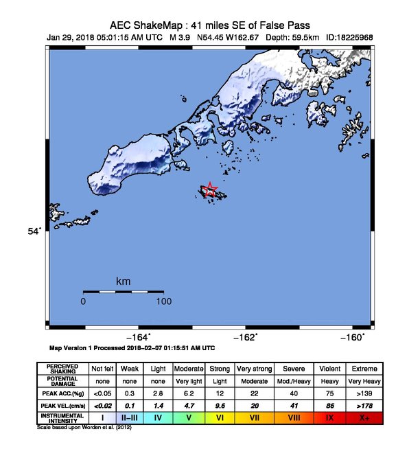 USGS ShakeMap: estimated shaking intensity around the epicenter