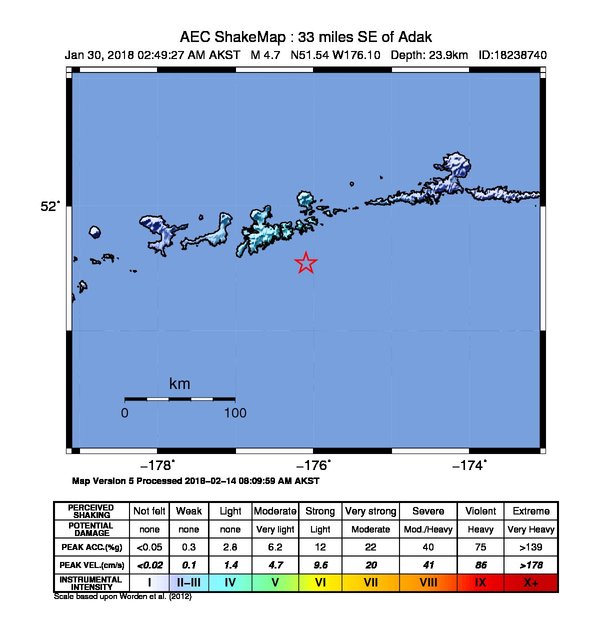 USGS ShakeMap: estimated shaking intensity around the epicenter