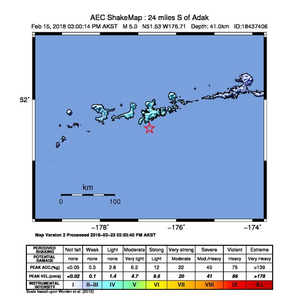 USGS ShakeMap: estimated shaking intensity around the epicenter