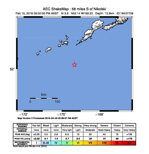 USGS ShakeMap: estimated shaking intensity around the epicenter