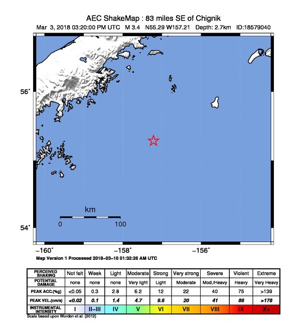 USGS ShakeMap: estimated shaking intensity around the epicenter