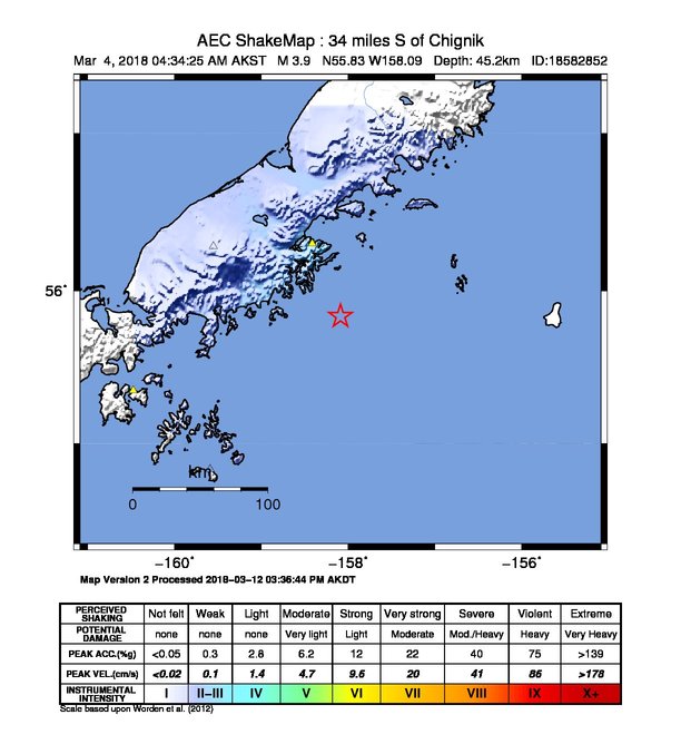 USGS ShakeMap: estimated shaking intensity around the epicenter