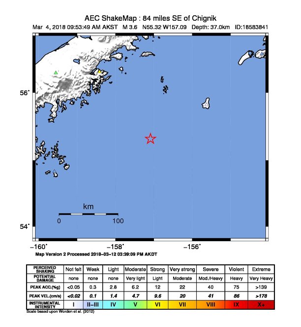USGS ShakeMap: estimated shaking intensity around the epicenter