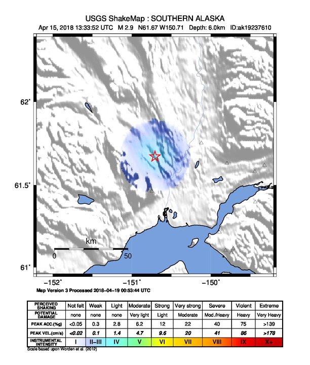 USGS ShakeMap: estimated shaking intensity around the epicenter