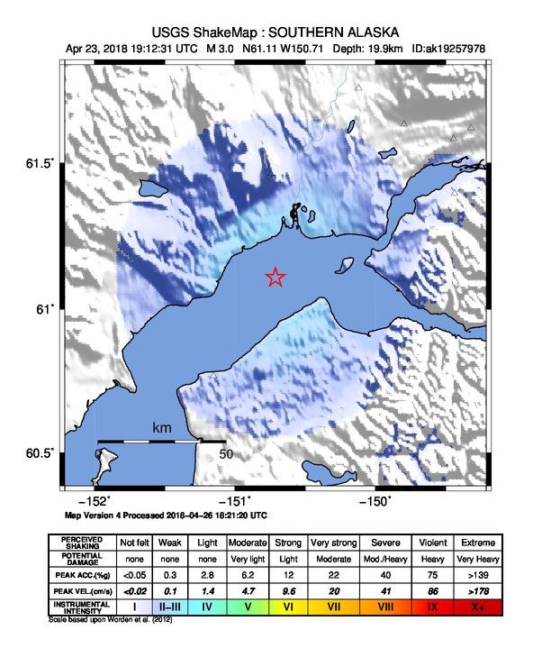 USGS ShakeMap: estimated shaking intensity around the epicenter