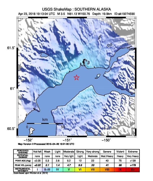 USGS ShakeMap: estimated shaking intensity around the epicenter