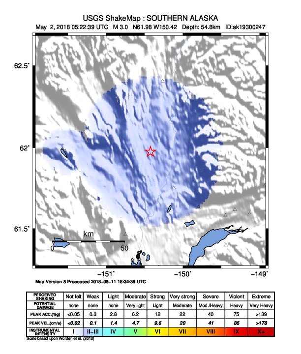 USGS ShakeMap: estimated shaking intensity around the epicenter