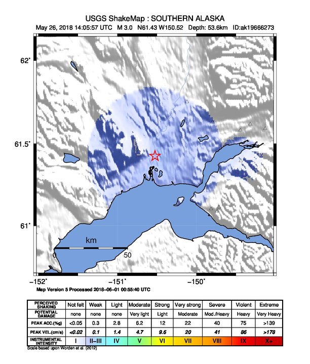 USGS ShakeMap: estimated shaking intensity around the epicenter