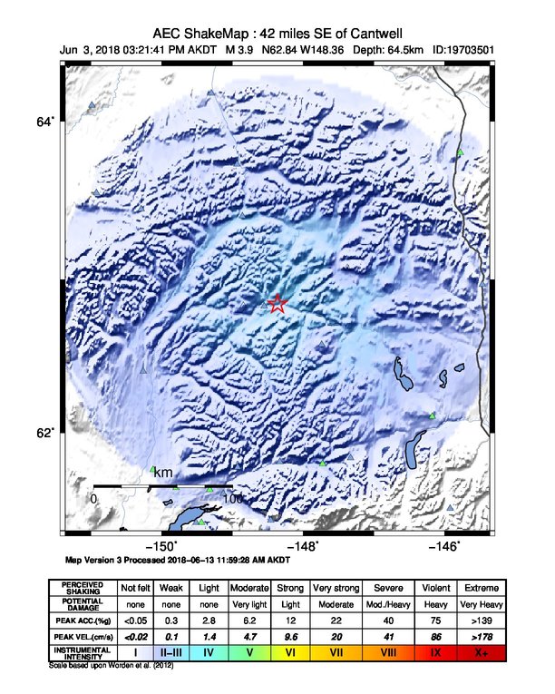 USGS ShakeMap: estimated shaking intensity around the epicenter