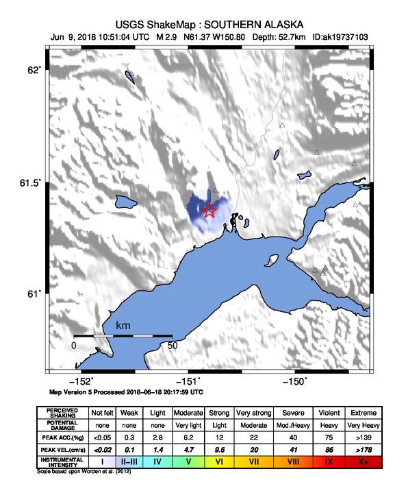 USGS ShakeMap: estimated shaking intensity around the epicenter