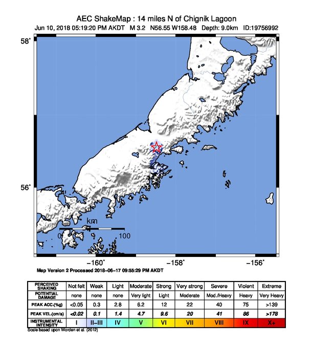 USGS ShakeMap: estimated shaking intensity around the epicenter