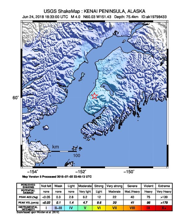 USGS ShakeMap: estimated shaking intensity around the epicenter