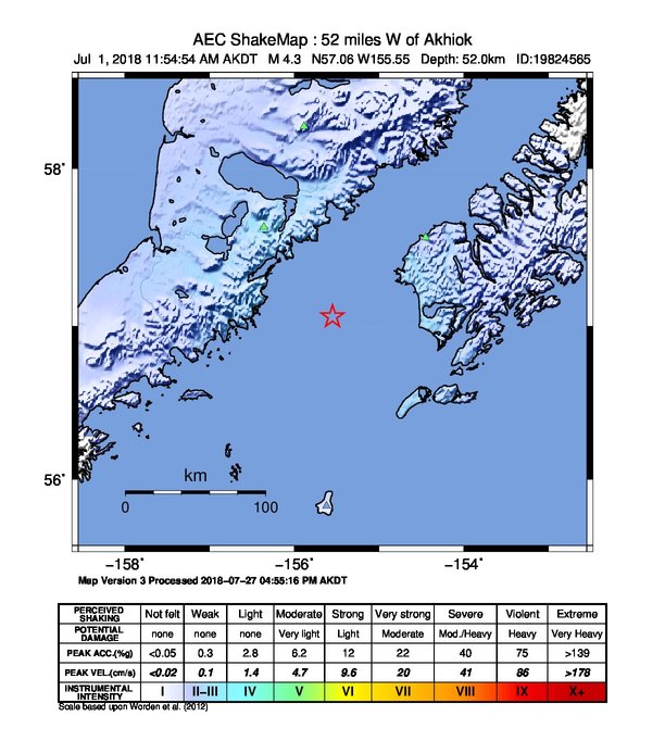 USGS ShakeMap: estimated shaking intensity around the epicenter