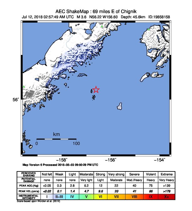 USGS ShakeMap: estimated shaking intensity around the epicenter