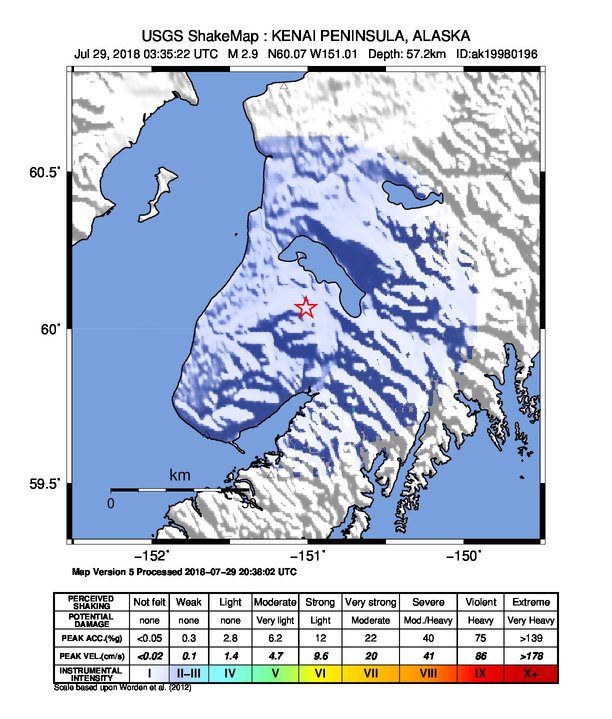 USGS ShakeMap: estimated shaking intensity around the epicenter