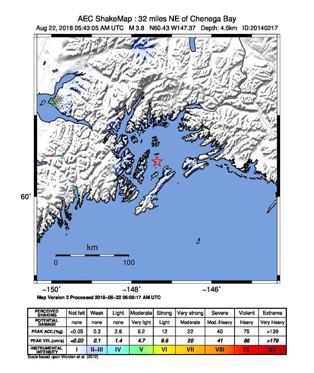 USGS ShakeMap: estimated shaking intensity around the epicenter