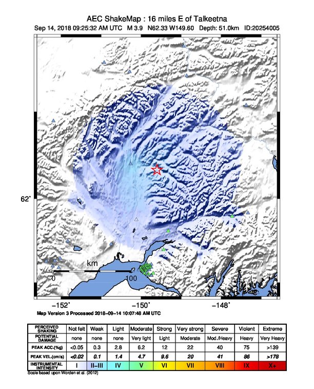 USGS ShakeMap: estimated shaking intensity around the epicenter