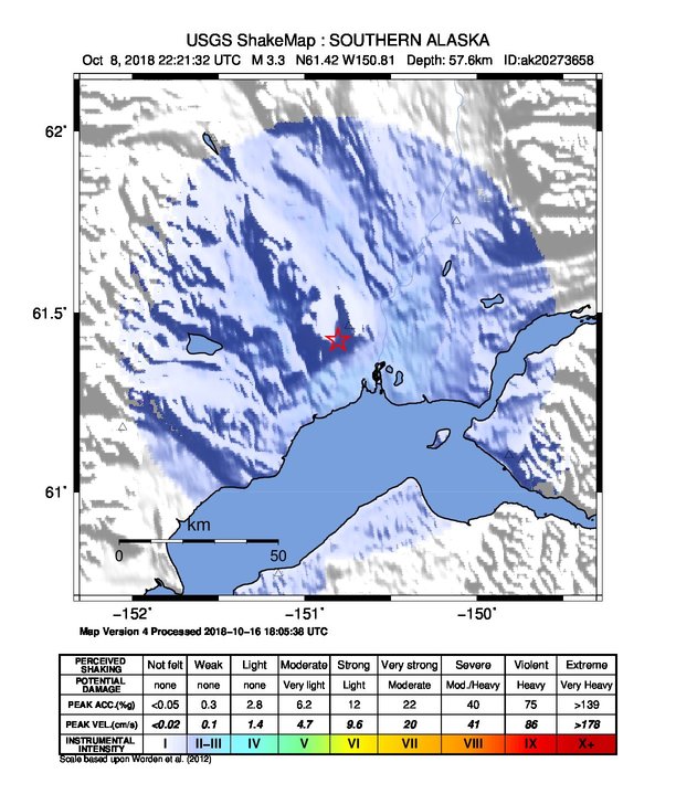 USGS ShakeMap: estimated shaking intensity around the epicenter