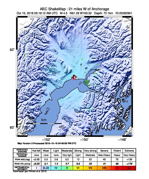 USGS ShakeMap: estimated shaking intensity around the epicenter