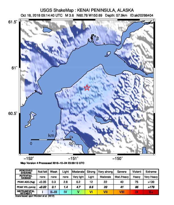 USGS ShakeMap: estimated shaking intensity around the epicenter