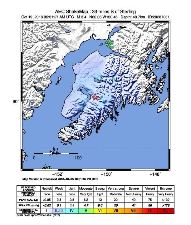 USGS ShakeMap: estimated shaking intensity around the epicenter