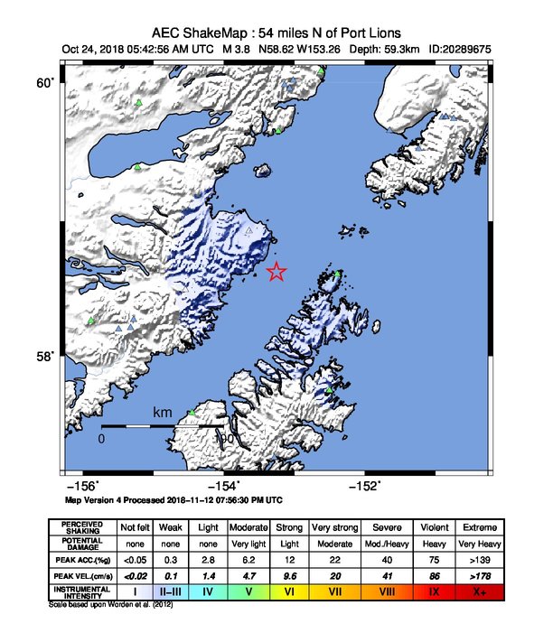 USGS ShakeMap: estimated shaking intensity around the epicenter