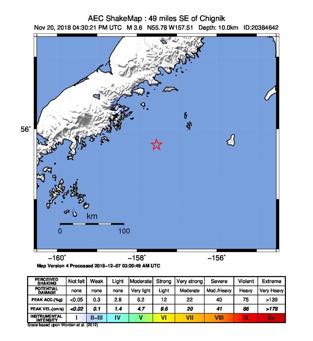 USGS ShakeMap: estimated shaking intensity around the epicenter